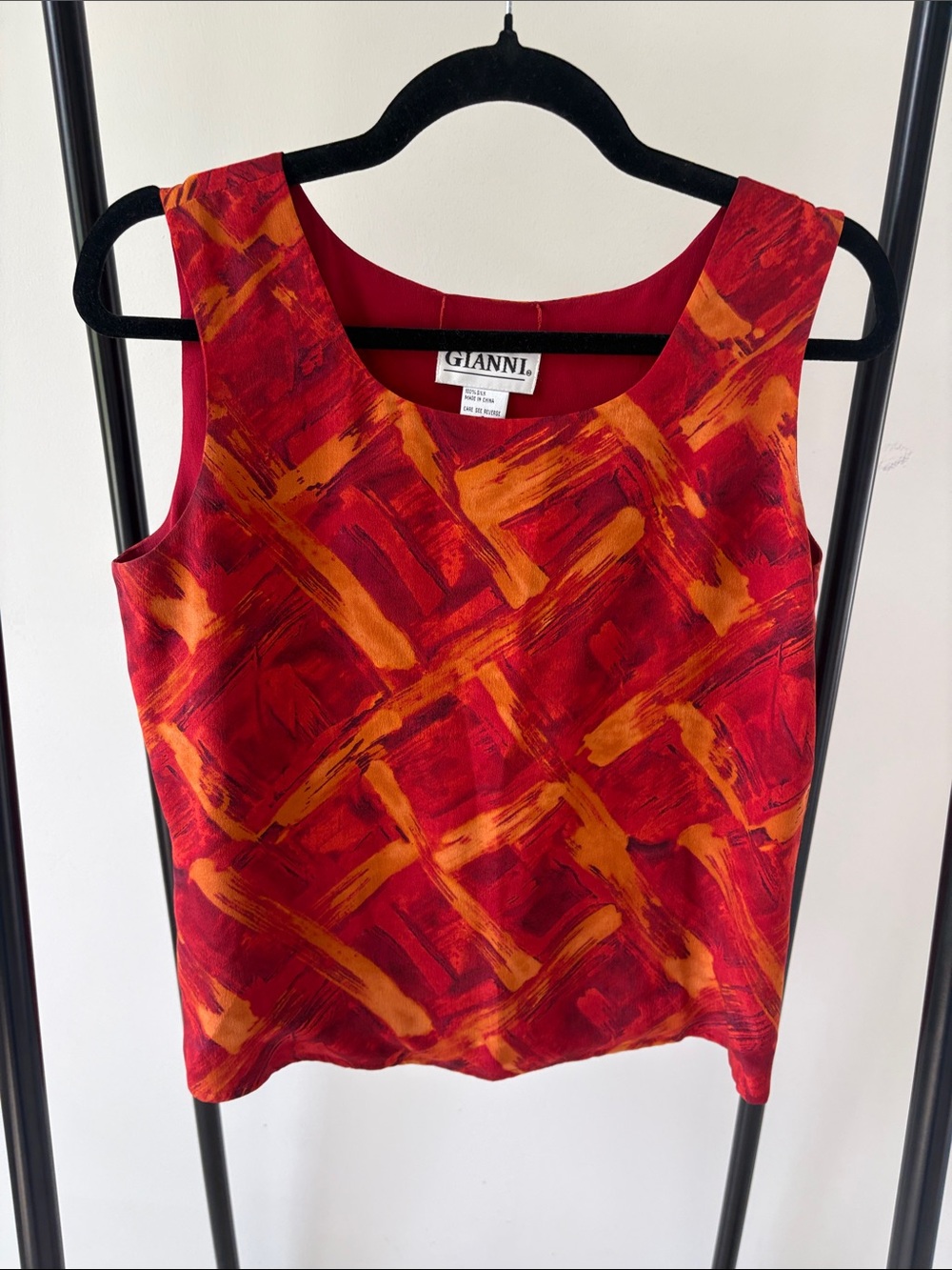 Vintage Ganni Red & Orange Brushstroke Scoop Neck Top 100% Silk